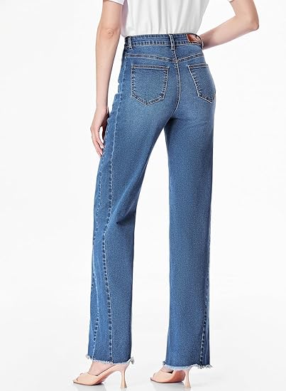 Sidefeel Women's Wide Leg Jeans High Waisted Stretchy Raw Hem Zimbaplatinum Denim Pants
