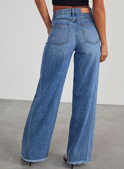 Sidefeel Women's Wide Leg Jeans High Waisted Stretchy Raw Hem Zimbaplatinum Denim Pants