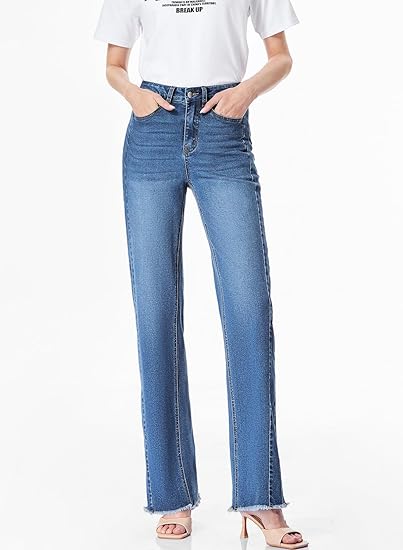 Sidefeel Women's Wide Leg Jeans High Waisted Stretchy Raw Hem Zimbaplatinum Denim Pants