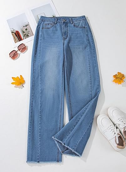 EMMIOL Women's 2026 Wide Leg Jeans Distress Mid Waist Stretchy Denim Pants Y2K Trousers Clothing