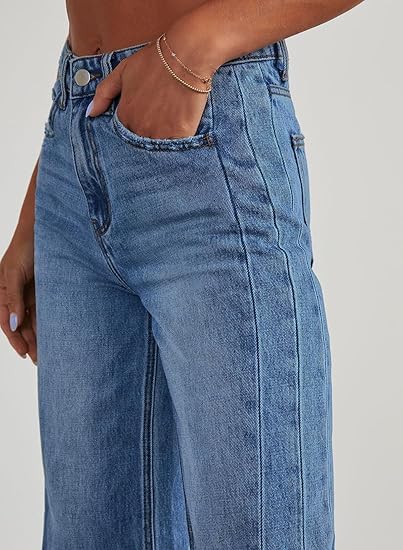 Sidefeel Women's Wide Leg Jeans High Waisted Stretchy Raw Hem Zimbaplatinum Denim Pants